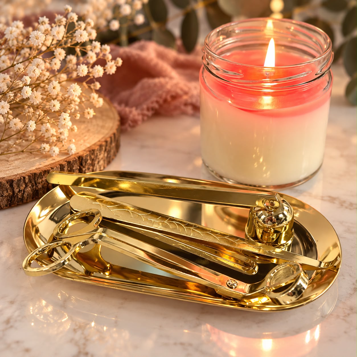 Set de Accesorios Dorados para Velas — Accesorios · Aromas con Encanto